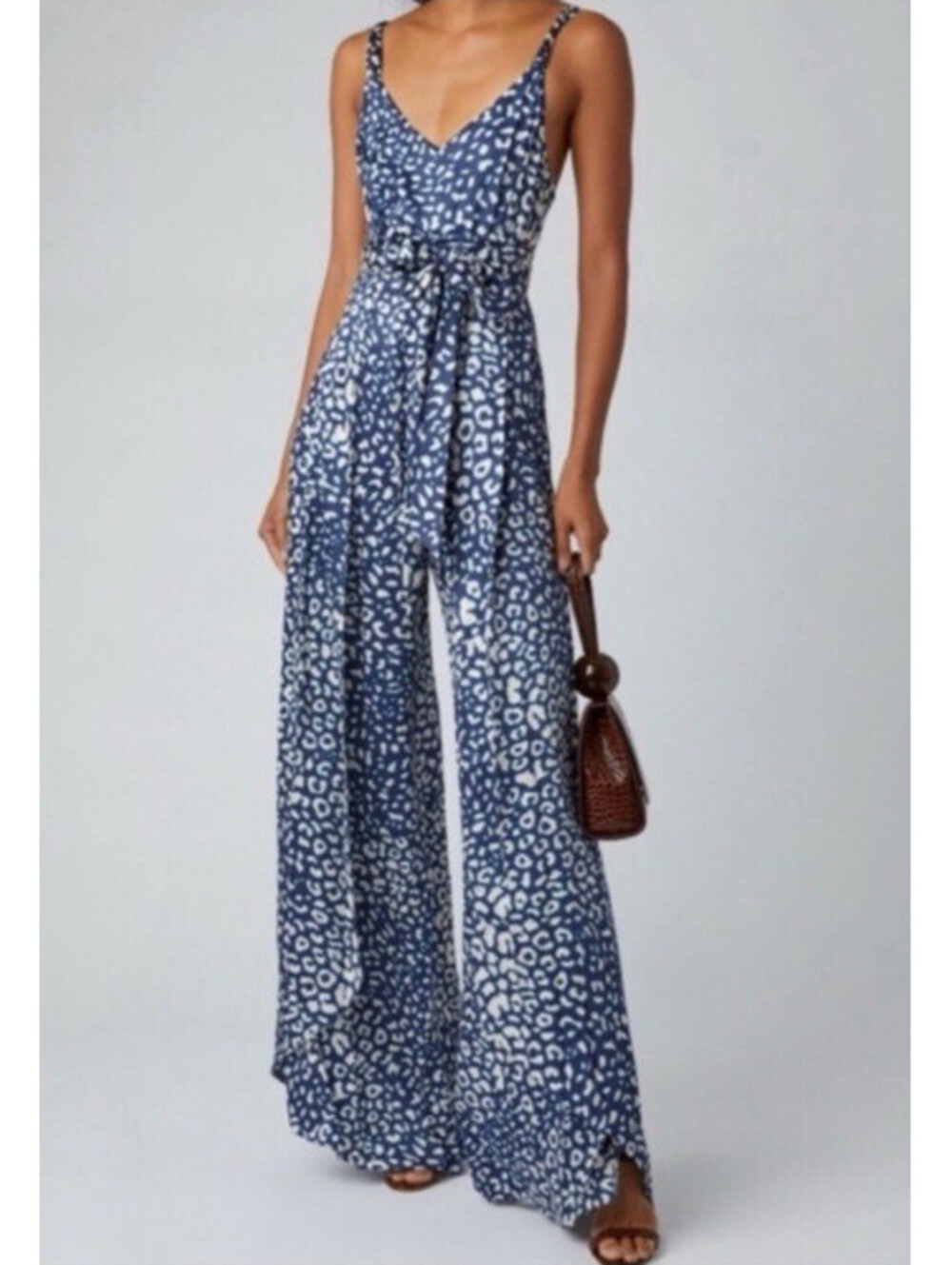 Alexis Jumpsuit Womens Size M Blue White Leopard Print Slit Legs Tie Waist